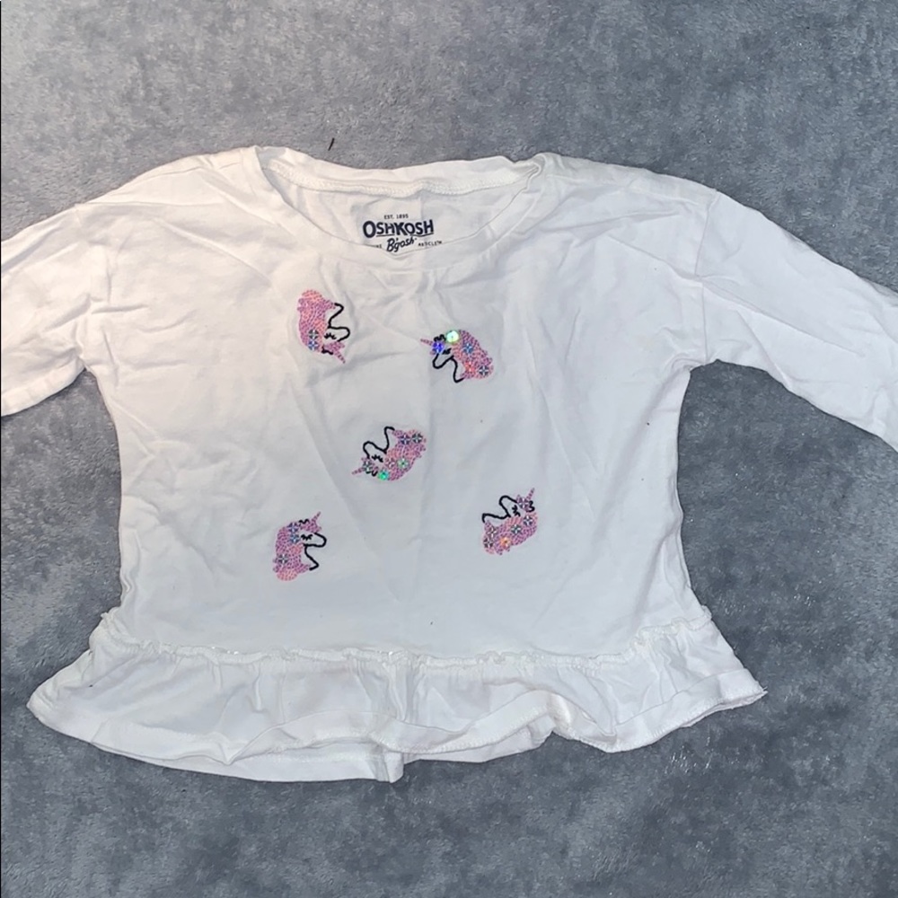 Baby girl white unicorn ruffle shirt.